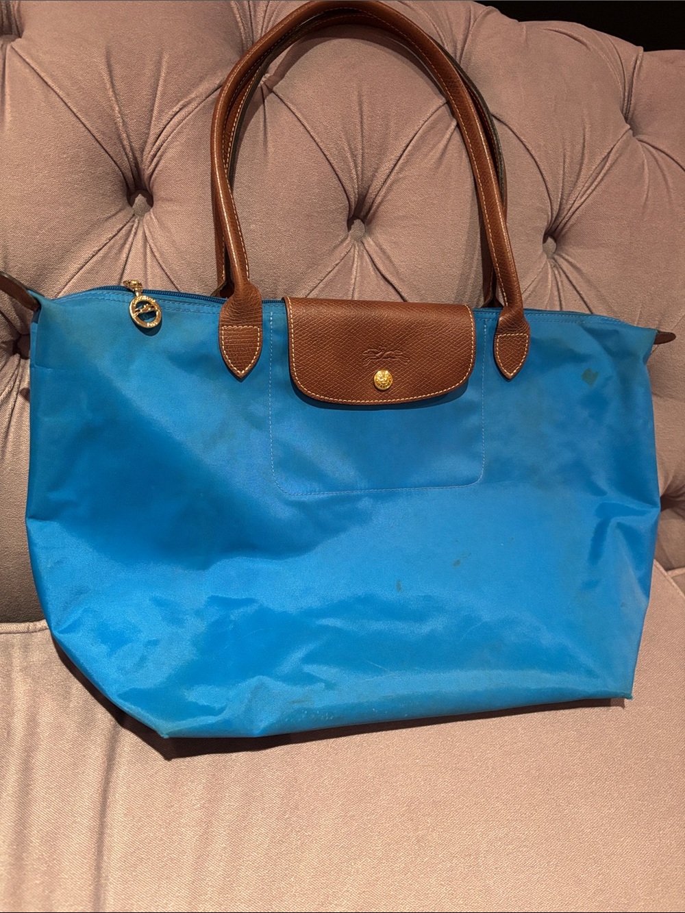 Longchamp Blue Nylon Tote with Brown Leather Trim